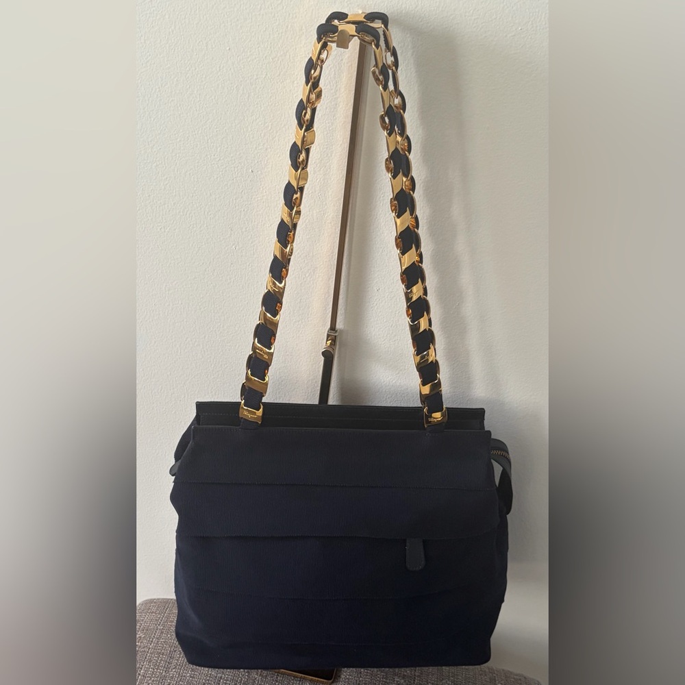 Salvatore Ferragamo Navy Canvas & Leather Shoulder Bag - Picture 2 of 7